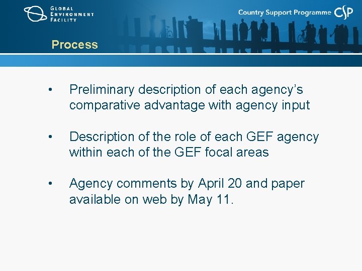 Process • Preliminary description of each agency’s comparative advantage with agency input • Description