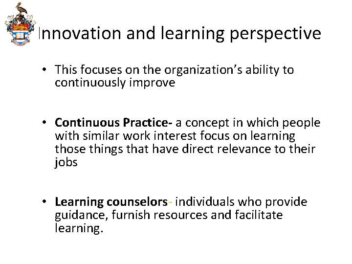 Innovation and learning perspective • This focuses on the organization’s ability to continuously improve