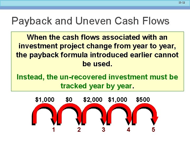 13 -12 Payback and Uneven Cash Flows When the cash flows associated with an