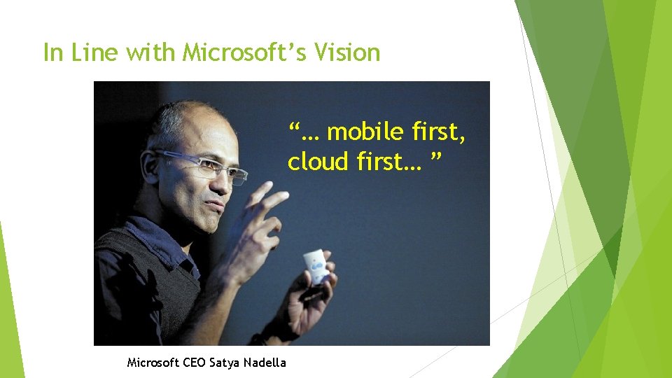 In Line with Microsoft’s Vision “… mobile first, cloud first… ” Microsoft CEO Satya