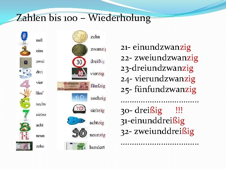 Zahlen bis 100 – Wiederholung 21 - einundzwanzig 22 - zweiundzwanzig 23 -dreiundzwanzig 24