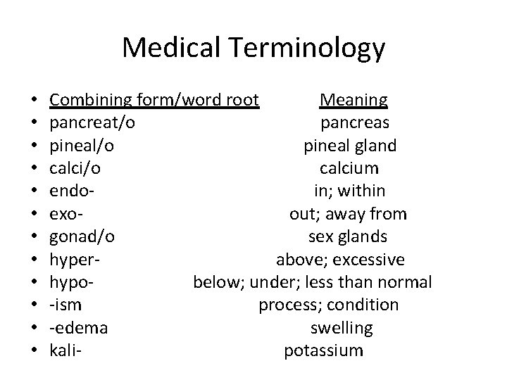 Medical Terminology • • • Combining form/word root Meaning pancreat/o pancreas pineal/o pineal gland