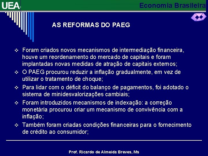 Economia Brasileira AS REFORMAS DO PAEG v Foram criados novos mecanismos de intermediação financeira,