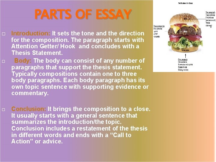 PARTS OF ESSAY Introduction: It sets the tone and the direction for the composition.