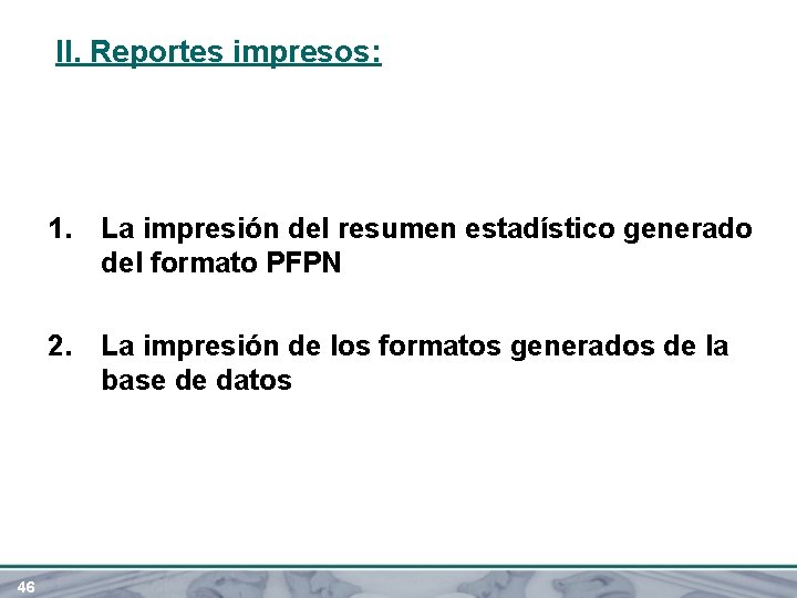 II. Reportes impresos: 1. La impresión del resumen estadístico generado del formato PFPN 2.