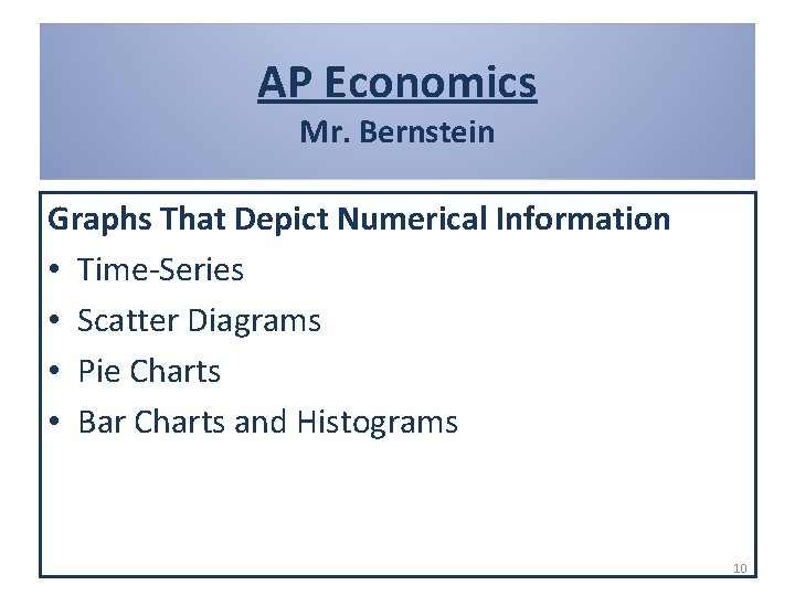 AP Economics Mr. Bernstein Graphs That Depict Numerical Information • Time-Series • Scatter Diagrams
