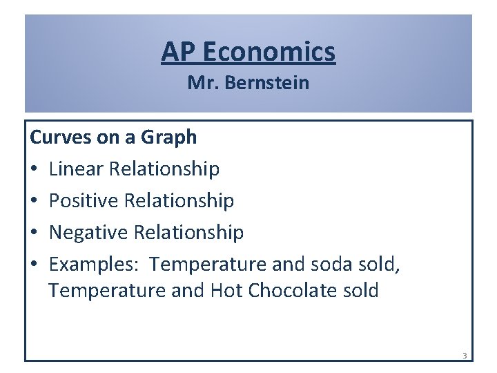AP Economics Mr. Bernstein Curves on a Graph • Linear Relationship • Positive Relationship