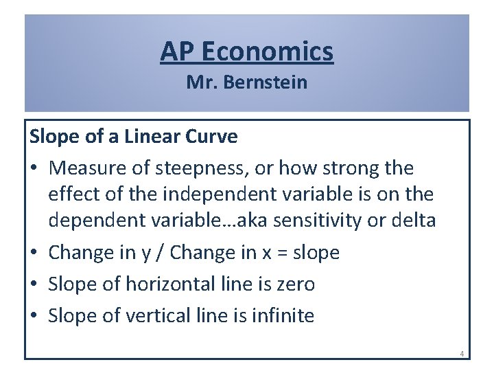 AP Economics Mr. Bernstein Slope of a Linear Curve • Measure of steepness, or