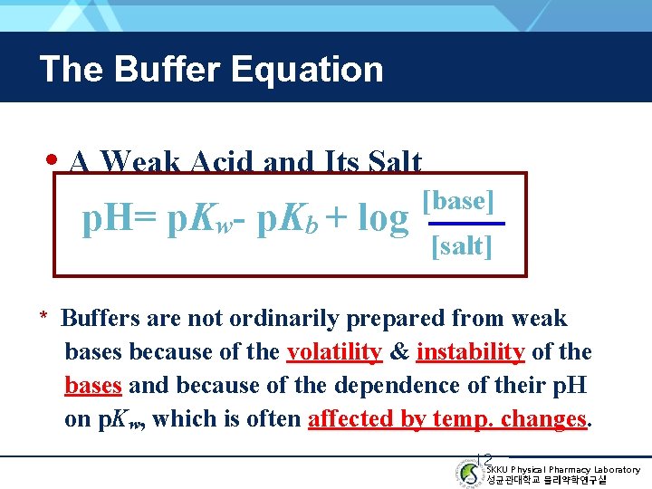 The Buffer Equation • A Weak Acid and Its Salt p. H= p. Kw-