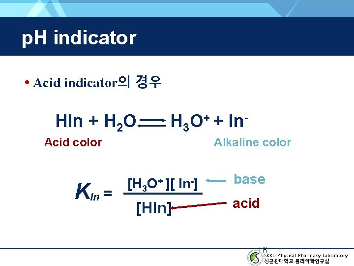 p. H indicator • Acid indicator의 경우 HIn + H 2 O H 3