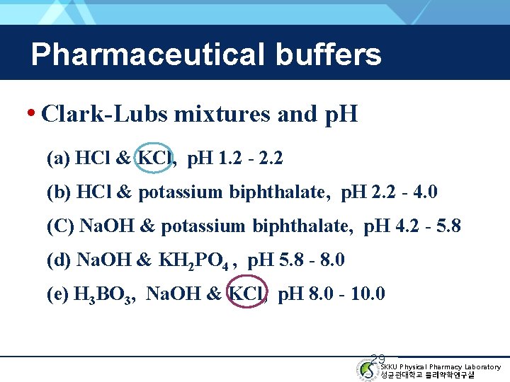 Pharmaceutical buffers • Clark-Lubs mixtures and p. H (a) HCl & KCl, p. H