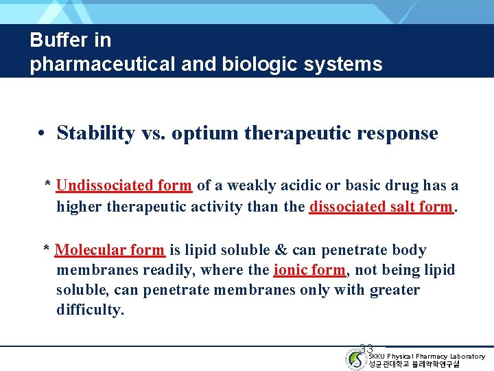 Buffer in pharmaceutical and biologic systems • Stability vs. optium therapeutic response * Undissociated