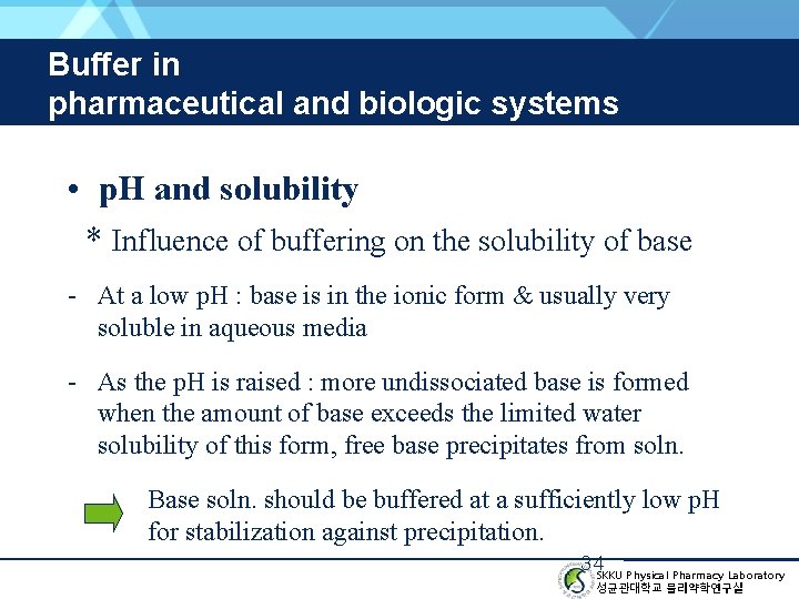 Buffer in pharmaceutical and biologic systems • p. H and solubility * Influence of