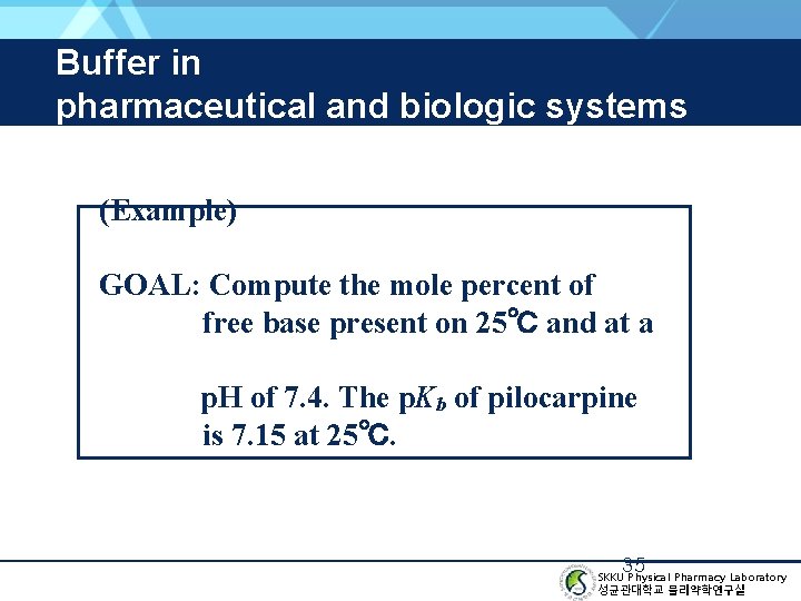 Buffer in pharmaceutical and biologic systems (Example) GOAL: Compute the mole percent of free
