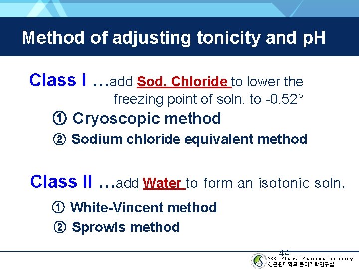 Method of adjusting tonicity and p. H Class I …add Sod. Chloride to lower