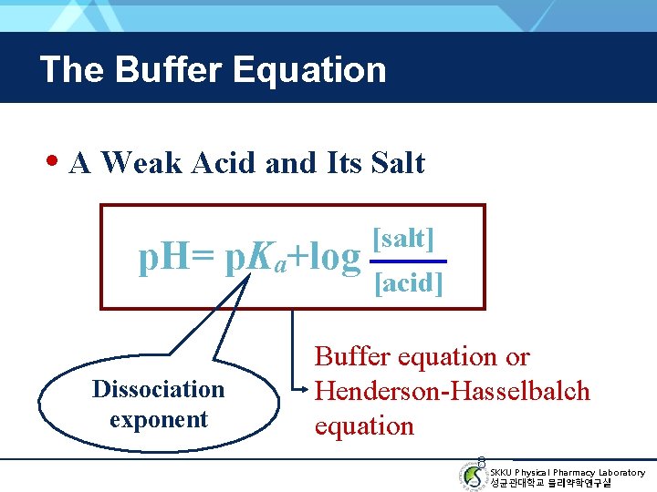 The Buffer Equation • A Weak Acid and Its Salt p. H= p. Ka+log