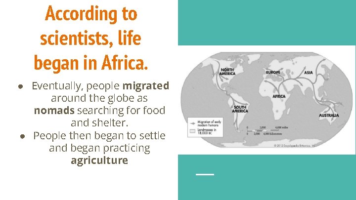 According to scientists, life began in Africa. ● Eventually, people migrated around the globe
