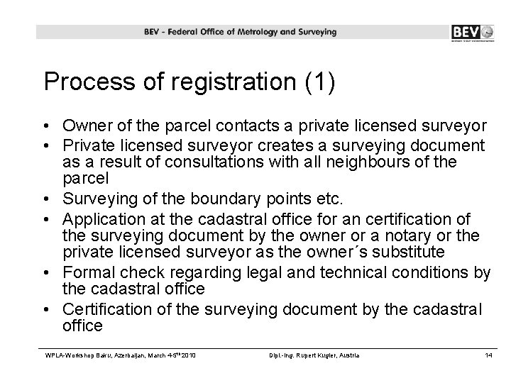 Process of registration (1) • Owner of the parcel contacts a private licensed surveyor