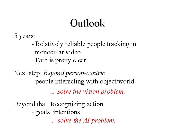 Outlook 5 years: - Relatively reliable people tracking in monocular video. - Path is