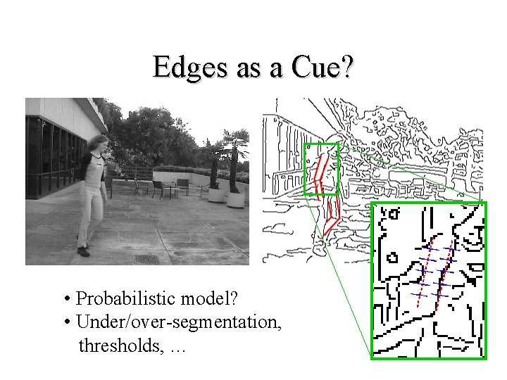 Edges as a Cue? • Probabilistic model? • Under/over-segmentation, thresholds, … 