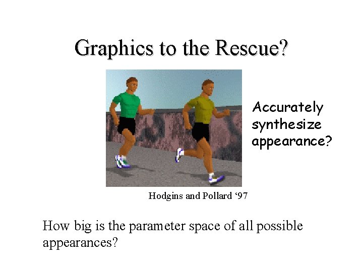 Graphics to the Rescue? Accurately synthesize appearance? Hodgins and Pollard ‘ 97 How big