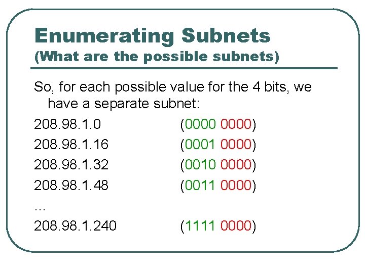 Enumerating Subnets (What are the possible subnets) So, for each possible value for the