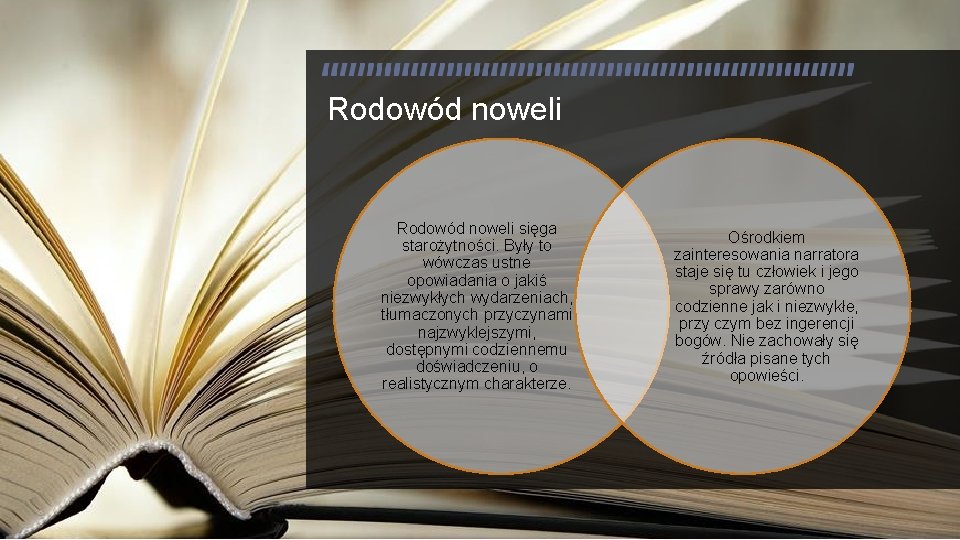 Rodowód noweli sięga starożytności. Były to wówczas ustne opowiadania o jakiś niezwykłych wydarzeniach, tłumaczonych