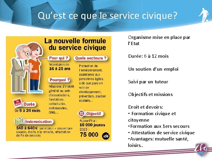 Qu’est ce que le service civique? Organisme mise en place par l’Etat Durée: 6