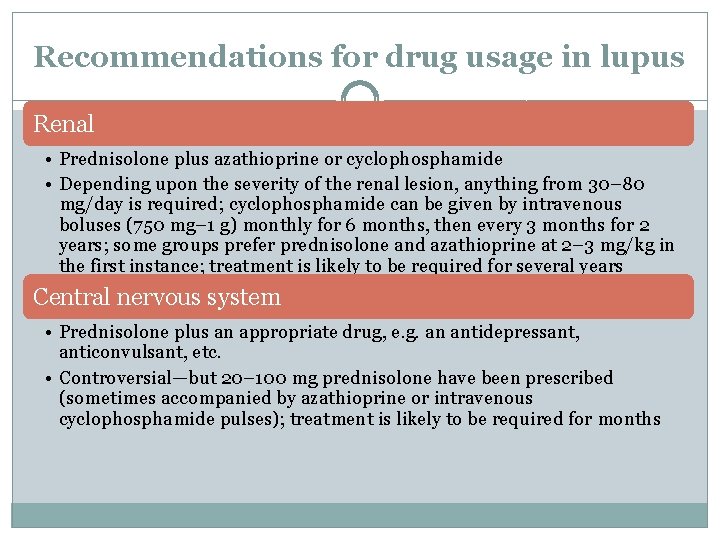 Recommendations for drug usage in lupus Renal • Prednisolone plus azathioprine or cyclophosphamide •