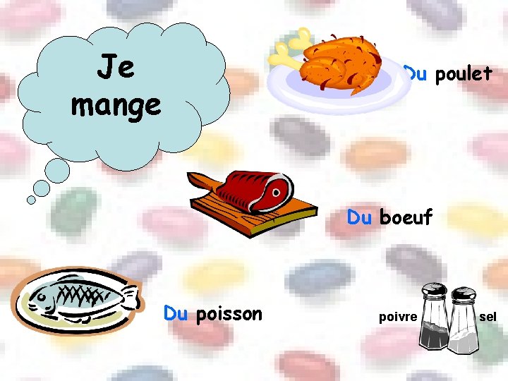 Je mange Du poulet Du boeuf Du poisson poivre sel 