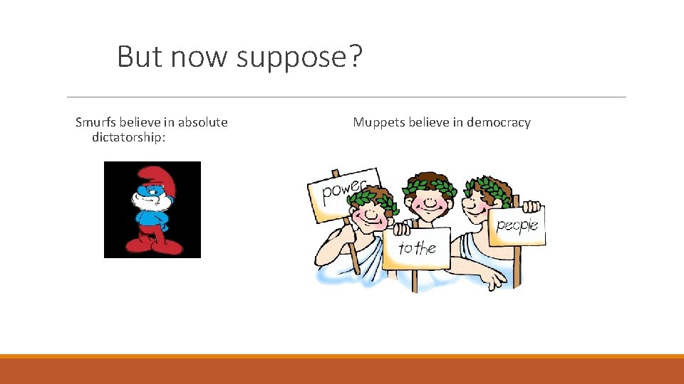 But now suppose? Smurfs believe in absolute dictatorship: Muppets believe in democracy 
