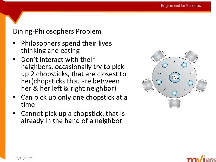 Engineered for Tomorrow Dining-Philosophers Problem • Philosophers spend their lives thinking and eating •