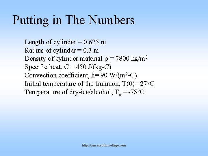 Putting in The Numbers Length of cylinder = 0. 625 m Radius of cylinder