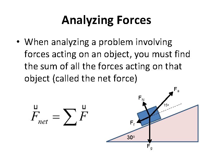 Analyzing Forces • When analyzing a problem involving forces acting on an object, you