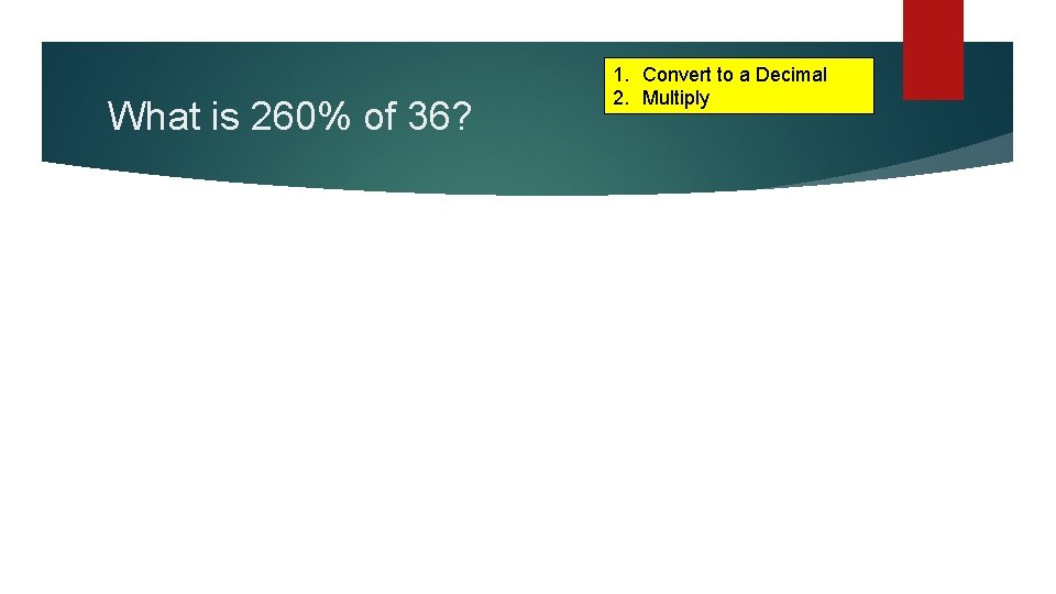 What is 260% of 36? 1. Convert to a Decimal 2. Multiply 