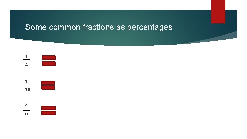 Some common fractions as percentages 1 4 1 10 4 5 