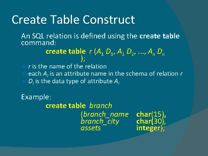 Create Table Construct An SQL relation is defined using the create table command: create Create Table Construct An SQL relation is defined using the create table command: create