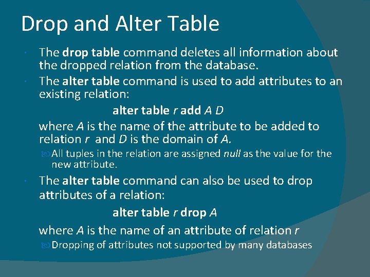 Drop and Alter Table The drop table command deletes all information about the dropped Drop and Alter Table The drop table command deletes all information about the dropped