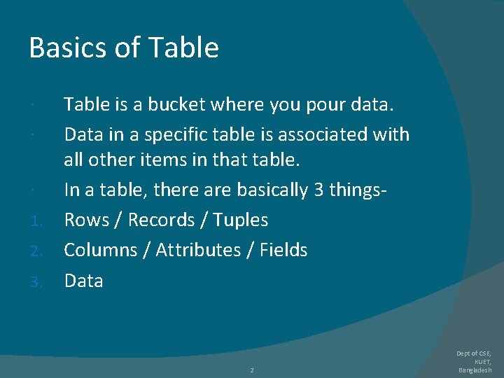 Basics of Table is a bucket where you pour data. Data in a specific Basics of Table is a bucket where you pour data. Data in a specific