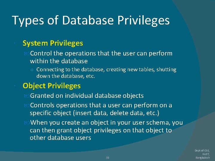 Types of Database Privileges System Privileges Control the operations that the user can perform Types of Database Privileges System Privileges Control the operations that the user can perform