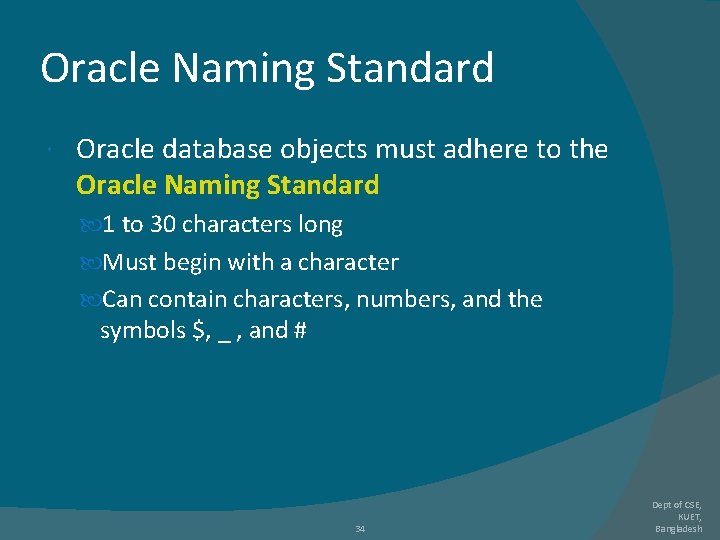 Oracle Naming Standard Oracle database objects must adhere to the Oracle Naming Standard 1 Oracle Naming Standard Oracle database objects must adhere to the Oracle Naming Standard 1