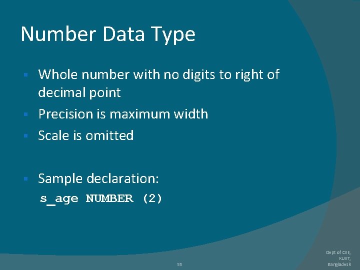 Number Data Type Whole number with no digits to right of decimal point § Number Data Type Whole number with no digits to right of decimal point §