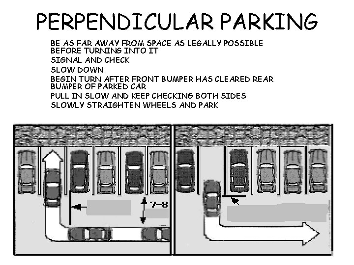 PERPENDICULAR PARKING BE AS FAR AWAY FROM SPACE AS LEGALLY POSSIBLE BEFORE TURNING INTO