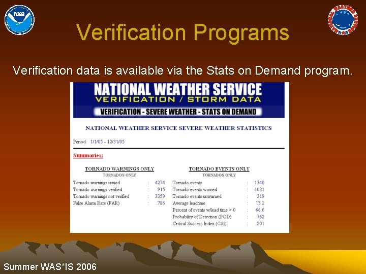 Verification Programs Verification data is available via the Stats on Demand program. Summer WAS*IS