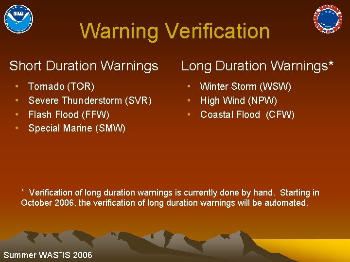 Warning Verification Short Duration Warnings • • Tornado (TOR) Severe Thunderstorm (SVR) Flash Flood
