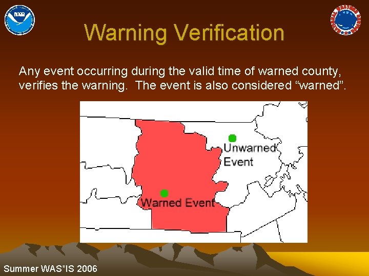 Warning Verification Any event occurring during the valid time of warned county, verifies the