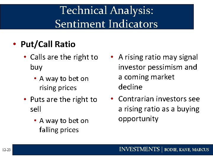 Technical Analysis: Sentiment Indicators • Put/Call Ratio • Calls are the right to buy