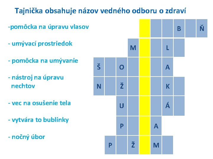 Tajnička obsahuje názov vedného odboru o zdraví -pomôcka na úpravu vlasov B - umývací