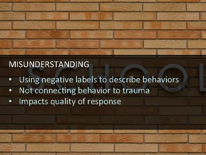 MISUNDERSTANDING • Using negative labels to describe behaviors • Not connecting behavior to trauma