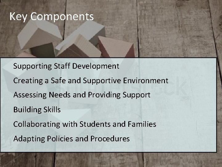 Key Components Supporting Staff Development Creating a Safe and Supportive Environment Assessing Needs and